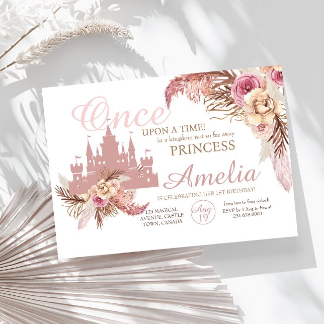 Pink Castle Flower Pampas Princess 1st Birthday  Invitation (Creator Uploaded)