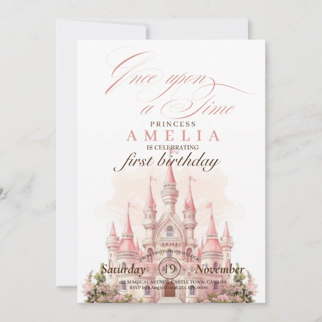 Pink Castle Kingdom Princess 1st Birthday Party   Invitation (Front)