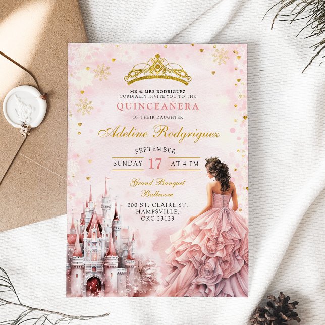 Pink Castle Palace Quinceanera Mexican Birthday Invitation (Creator Uploaded)