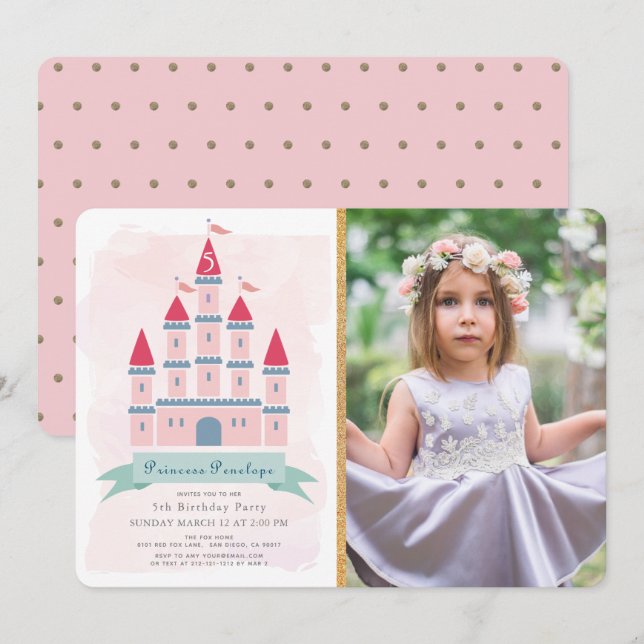 Pink Castle Princess Girl Photo Birthday Invitation (Front/Back)