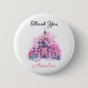 Pink Castle Watercolor 1st Birthday Thank You 6 Cm Round Badge