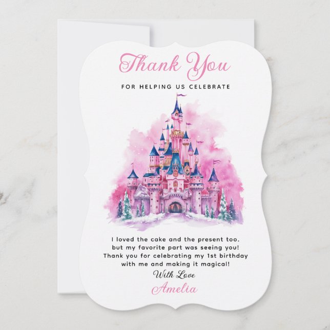 Pink Castle Watercolor 1st Birthday Thank You Card (Front)
