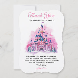 Pink Castle Watercolor 1st Birthday Thank You Card