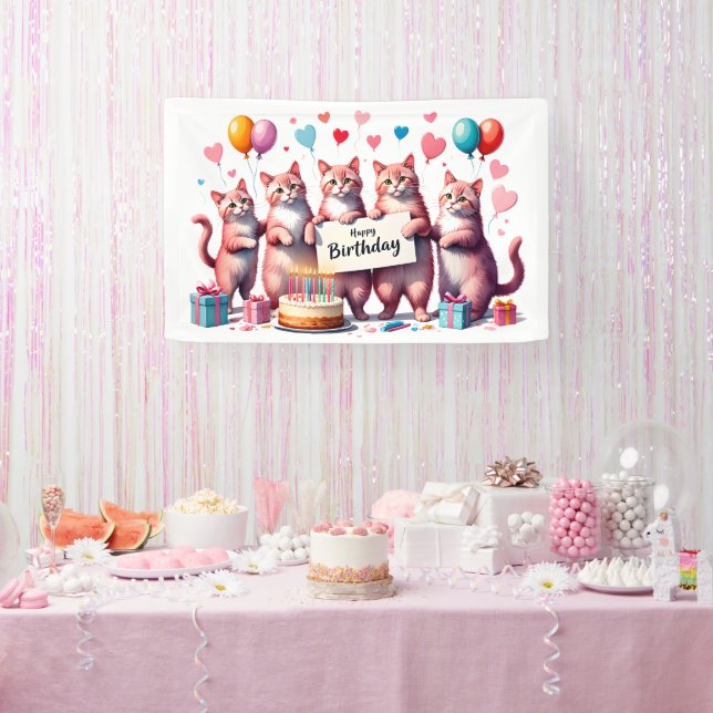 Pink Cat Birthday Celebration Illustration Banner (Party)