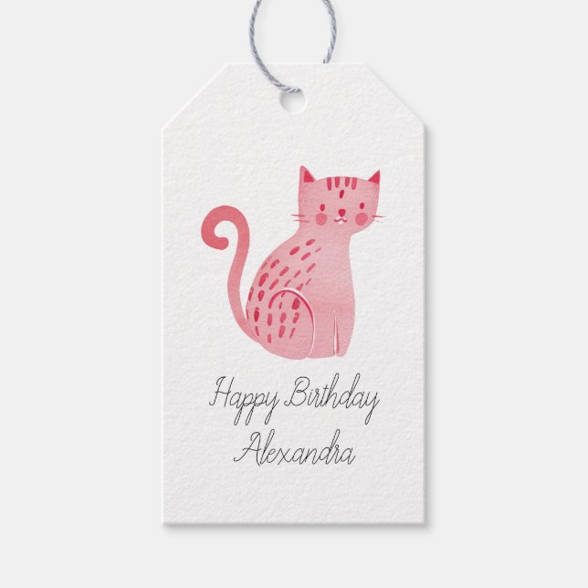 Pink Cat Birthday Gift Tags (Front)