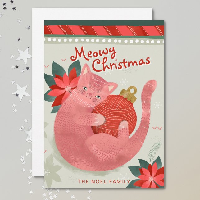 Pink Cat Christmas Illustration Flat Holiday Card (Creator Uploaded)