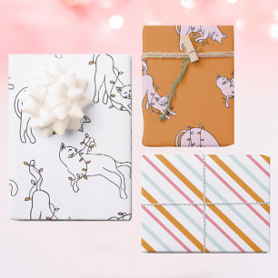 Pink Cat Christmas Light  Wrapping Paper Sheet