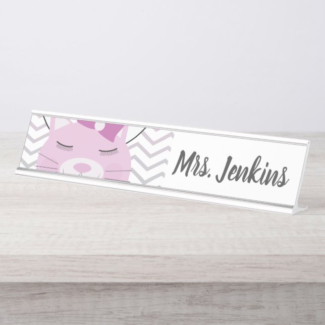 Pink Cat Elementary Teachers Desk Name Plate (Front)