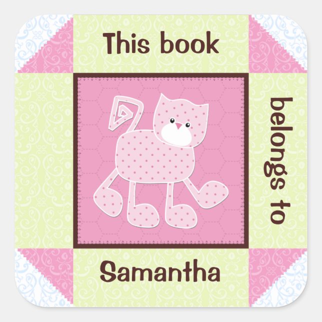Pink Cat Faux Quilt Book Sticker (Front)