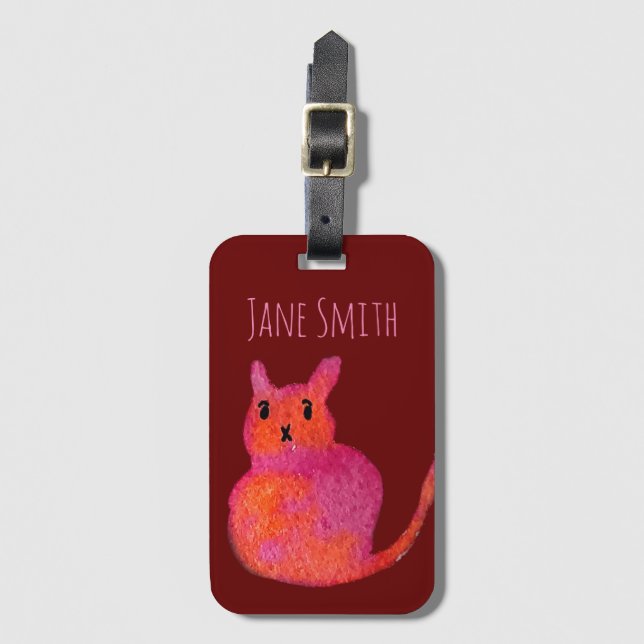 Pink cat funky cute kitty luggage tag (Front Vertical)