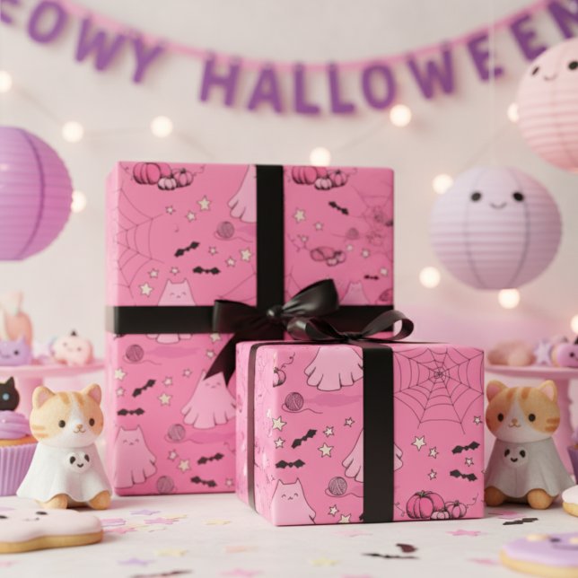 Pink Cat Ghost Halloween Kids Wrapping Paper (Cute Pink Kitty Ghost Halloween Gift Wrap for Kids. Cat Ghost, Pumpkin, Yarn, Bats & Stars Pattern)