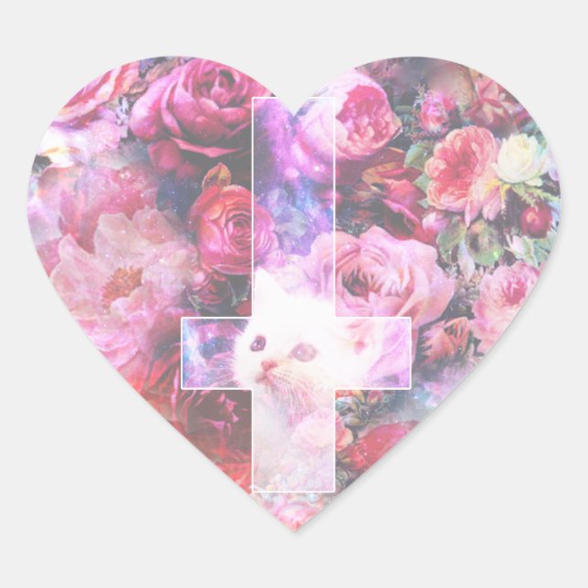 Pink Cat & Inverted Cross Heart-Shaped Sticker (Front)