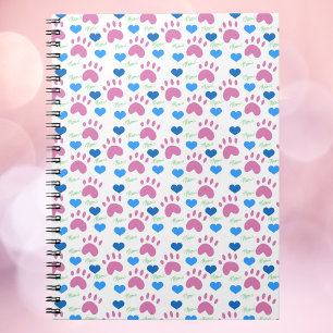 Pink Cat Paw Blue Hearts Green Meow Pattern Notebook