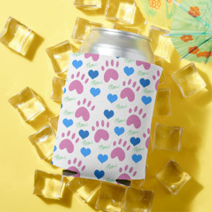 Pink Cat Paw Blue Hearts Meow Pattern Can Cooler