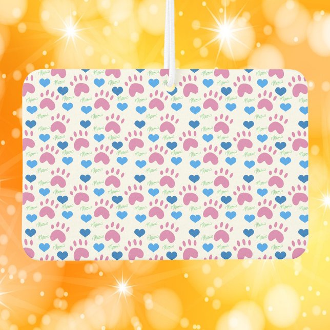 Pink Cat Paw Prints and Blue Hearts Pattern  Car Air Freshener (An air freshener with pink cat paws, blue hearts and green meows.)