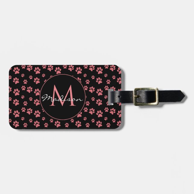 Pink Cat Paws Cute Pattern Monogram Luggage Tag (Front Horizontal)