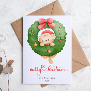 Pink Cat Pet Lover Christmas Flat Holiday Card