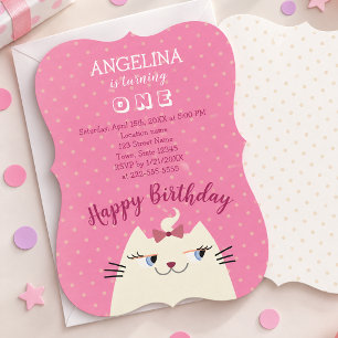 Pink Cat Polka Dot First Birthday Invitation