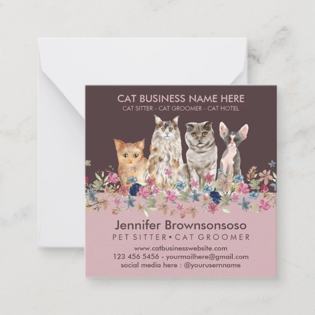 Pink Cat Sitting Groomer Petshop Service Card (Front)