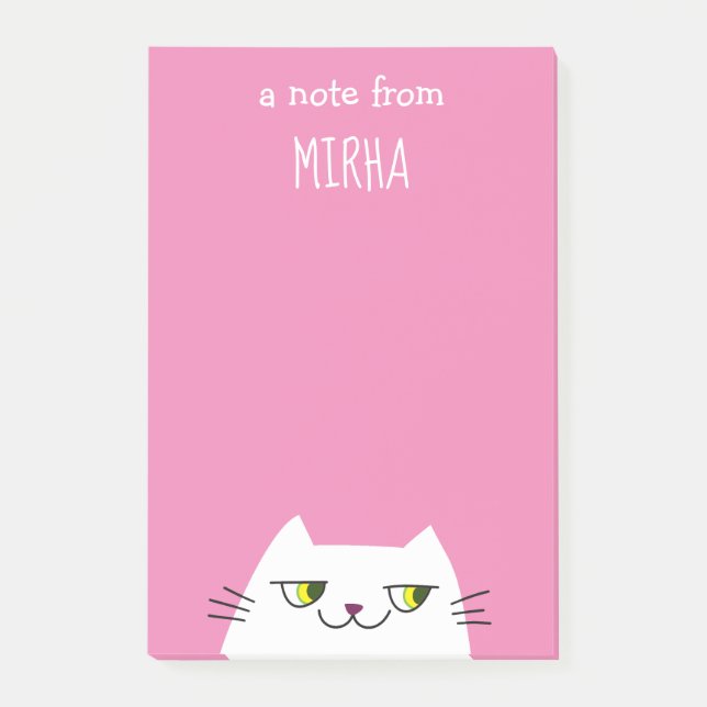 Pink Cat Sticky Notes Custom Name Cute Kawaii (Front)