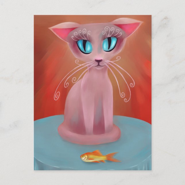 Pink Cat with a Goldfish on a Blue Table Card (Front)