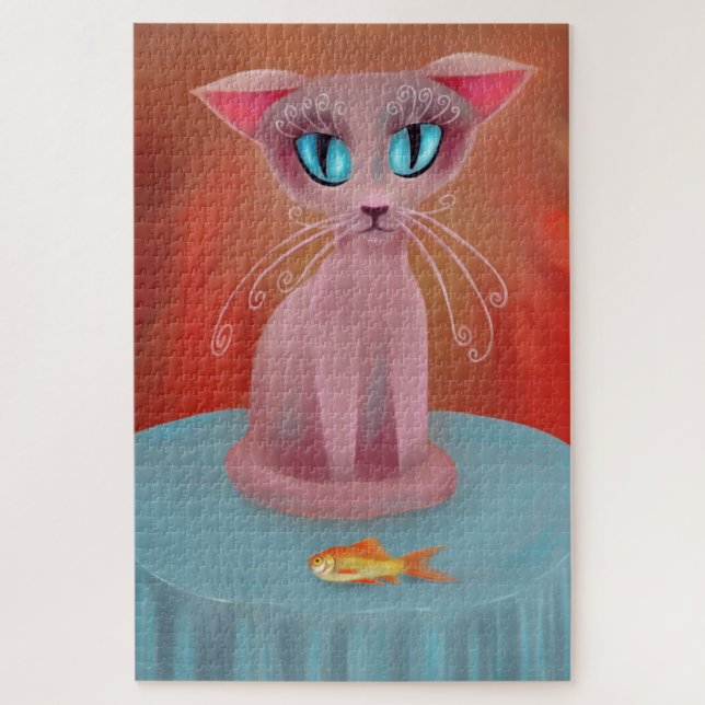 Pink Cat with a Goldfish on a Blue Table Jigsaw Puzzle (Vertical)