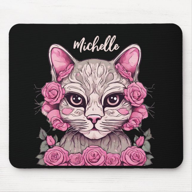 Pink Cat with Roses Floral Mouse Pad Custom (Front)