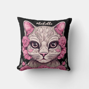 Pink Cat with Roses Home Decor Floral Pillow