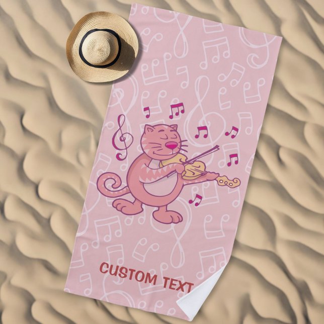 Pink Cat with Violin Beach Towel (Creator Uploaded)