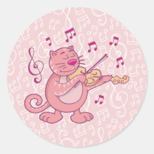 Pink Cat with Violin Classic Round Sticker