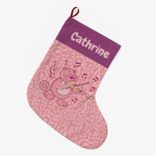 Pink Cat with Violin Large Christmas Stocking