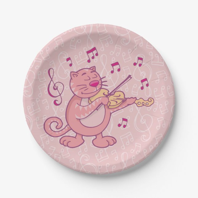 Pink Cat with Violin Paper Plate (Front)