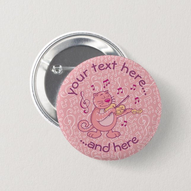 Pink Cat with Violin Pinback Button (Front & Back)