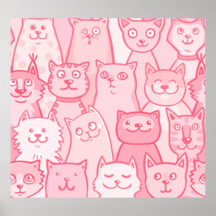 Pink Cats, Adorable Seamless Pattern. Poster