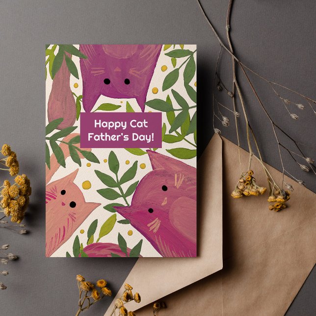Pink Cats and branches Happy cat father's day Holiday Card (Creator Uploaded)