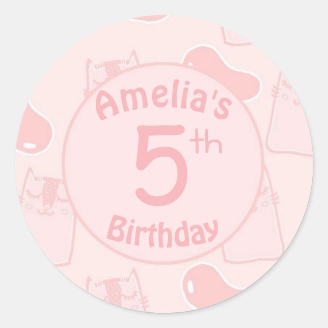 Pink Cats and Jellybeans Custom Age Birthday Classic Round Sticker (Front)