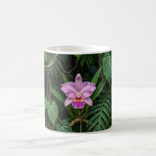Pink Cattleya Orchid in Tropical Jungle Leaves Pat Coffee Mug