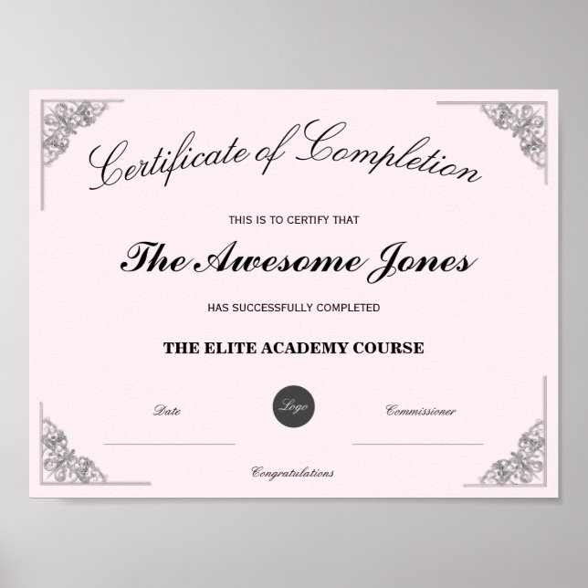 Pink Certificate of Completion Custom Logo Poster (Front)