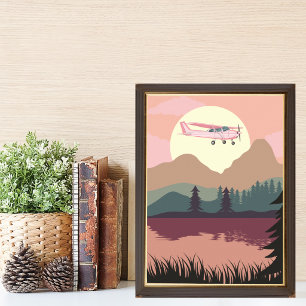 Pink Cessna Aeroplane Flying Sunset Lake Forest Fu Poster
