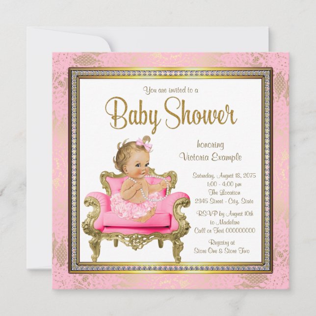 Pink Chair Lace Pearls Pink Gold Baby Shower Invitation (Front)
