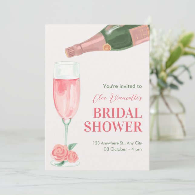 Pink champagne bottle bridal shower invitation (Standing Front)