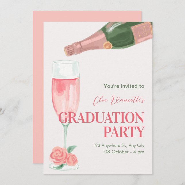 Pink champagne bottle graduation party invitation (Front/Back)