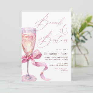 Pink Champagne Bow Brunch & Besties Galentine’s  Invitation