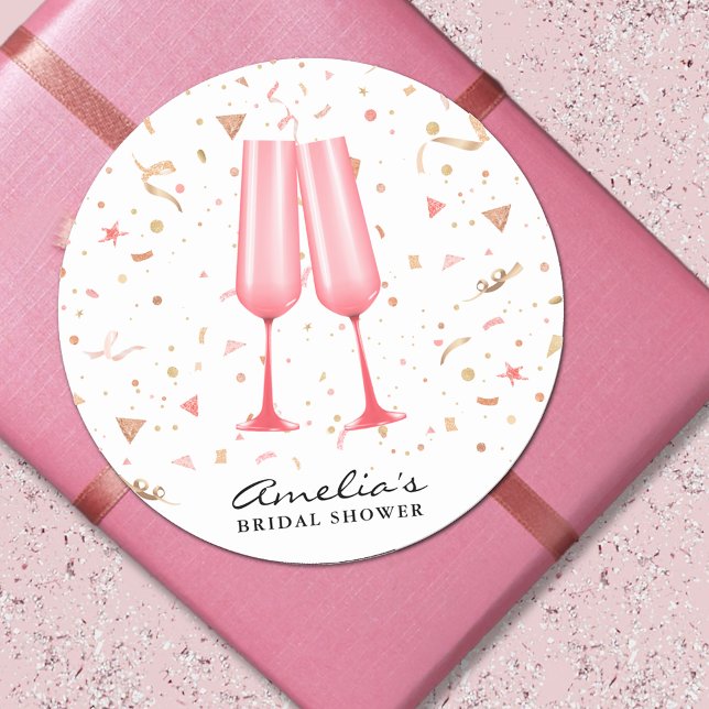 Pink Champagne Bridal Shower Classic Round Sticker (Pink champagne bridal shower 3" round stickers)