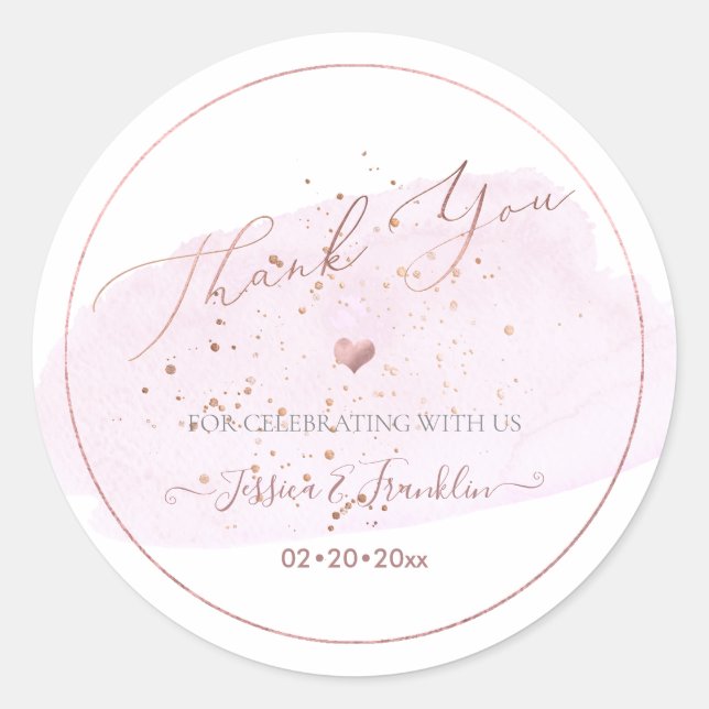 Pink Champagne Bubbles, Watercolor Thank You Classic Round Sticker (Front)