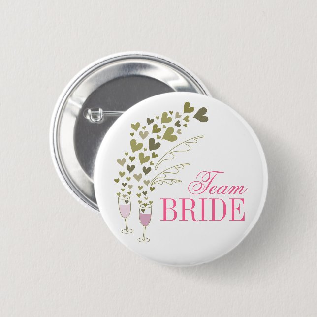 Pink Champagne Cheers & Hearts Team Bride Wedding 6 Cm Round Badge (Front & Back)