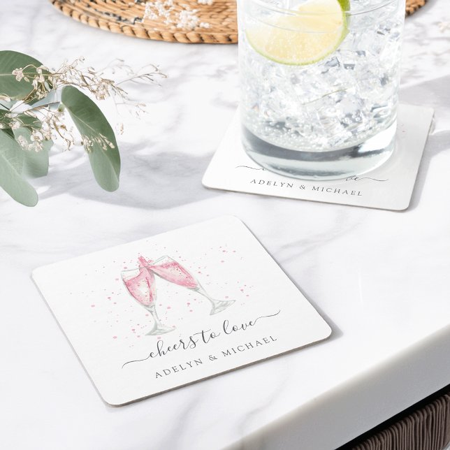 Pink Champagne "Cheers to Love" Personalised Square Paper Coaster (Creator Uploaded)