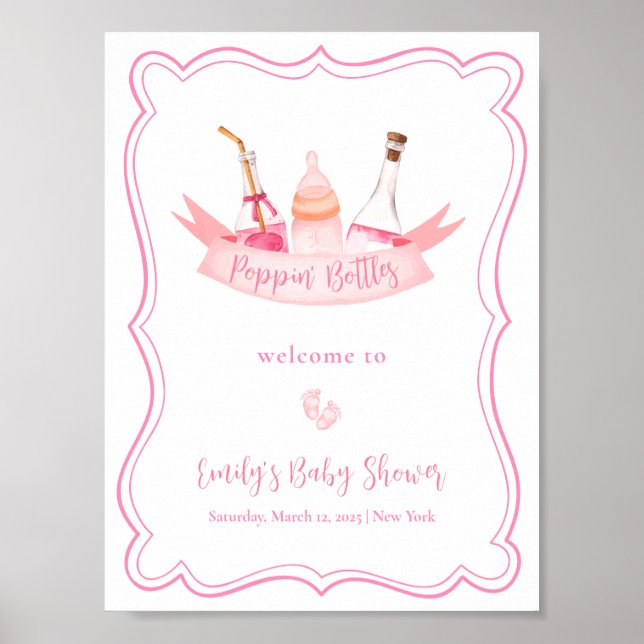 Pink Champagne Feet Frame Girl Baby Shower Welcome Poster (Front)
