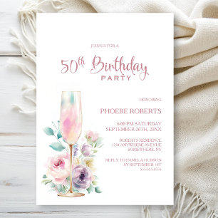 Pink Champagne Floral 50th Birthday Party Invitation