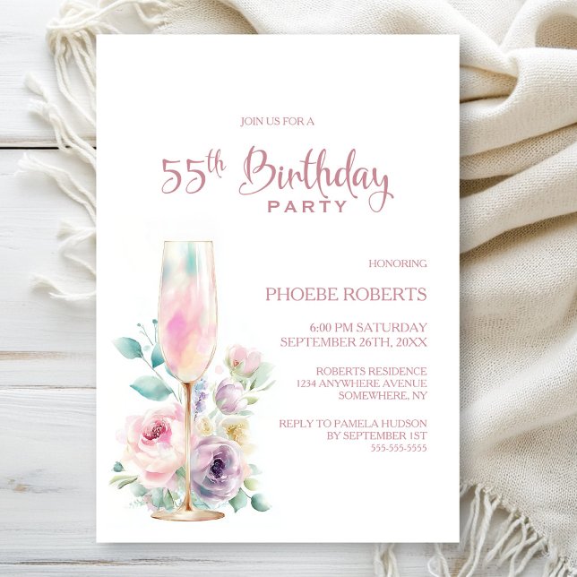 Pink Champagne Floral 55th Birthday Party Invitation (Creator Uploaded)